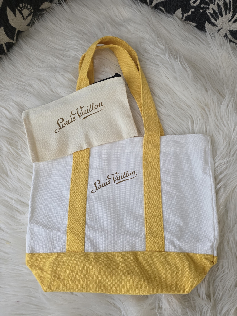 White and Yellow Canvas Tote with Pouch - Picture 2 of 8